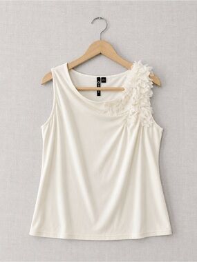 Milano Cream Sleeveless Top with Floral Applique Shoulder